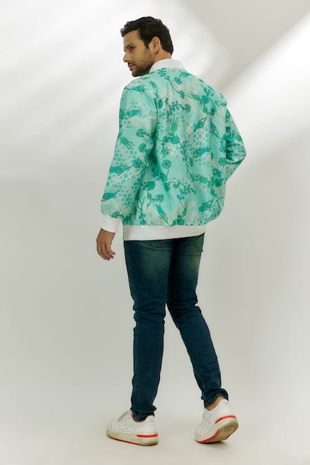 Shop Nadima Saqib Blue Viscose, Silk Embroidery Floral Print Bomber Jacket at Aza Fashions Shop_Nadima Saqib_Blue Viscose, Silk Embroidery Floral Print Bomber Jacket _at_Aza_Fashions