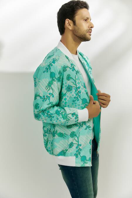Nadima Saqib Blue Viscose, Silk Embroidery Floral Print Bomber Jacket Online at Aza Fashions Nadima Saqib_Blue Viscose, Silk Embroidery Floral Print Bomber Jacket _Online_at_Aza_Fashions