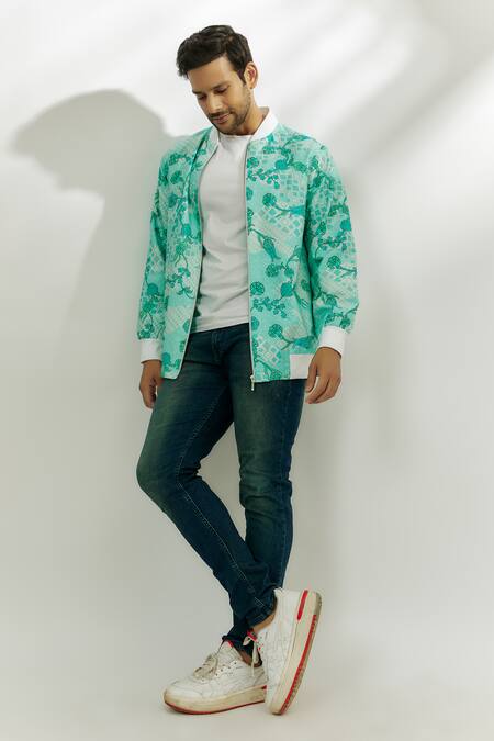 Buy Nadima Saqib Blue Viscose, Silk Embroidery Floral Print Bomber Jacket Online at Aza Fashions Buy_Nadima Saqib_Blue Viscose, Silk Embroidery Floral Print Bomber Jacket _Online_at_Aza_Fashions