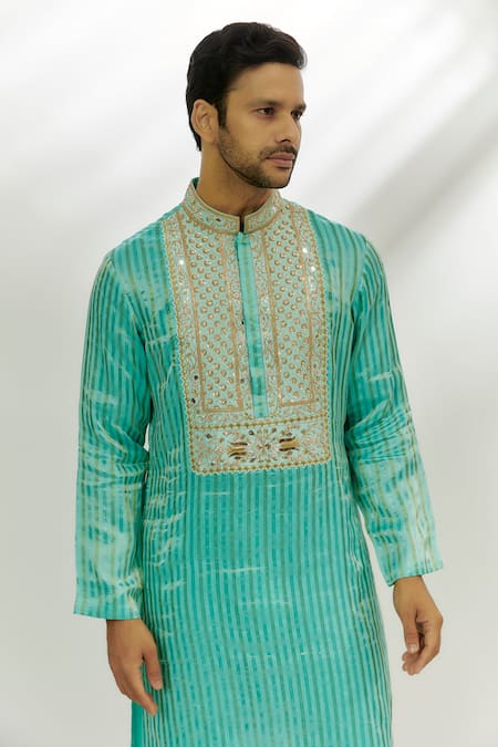 Nadima Saqib_Blue Chanderi Silk Zari, Embroidery Kurta _Online_at_Aza_Fashions