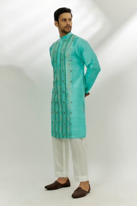 Buy Nadima Saqib Blue Silk Gota Patti, Pearls Raw Embroidered Kurta Online at Aza Fashions Buy_Nadima Saqib_Blue Silk Gota Patti, Pearls Raw Embroidered Kurta _Online_at_Aza_Fashions