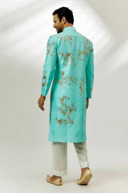 Shop Nadima Saqib Blue Silk Embroidery Floral Sherwani With Pant at Aza Fashions Shop_Nadima Saqib_Blue Silk Embroidery Floral Sherwani With Pant _at_Aza_Fashions