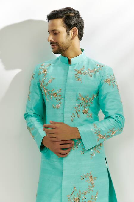 Buy Nadima Saqib Blue Silk Embroidery Floral Sherwani With Pant Online at Aza Fashions Buy_Nadima Saqib_Blue Silk Embroidery Floral Sherwani With Pant _Online_at_Aza_Fashions