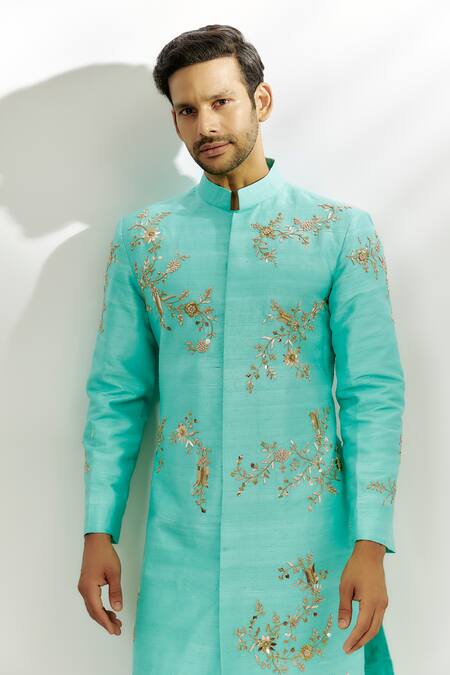 Shop Nadima Saqib Blue Silk Embroidery Floral Sherwani With Pant Online at Aza Fashions Shop_Nadima Saqib_Blue Silk Embroidery Floral Sherwani With Pant _Online_at_Aza_Fashions
