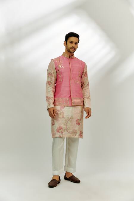 Shop Nadima Saqib Pink , Chanderi Zari, Embroidery Pastel Hand Bundi Set Online at Aza Fashions Shop_Nadima Saqib_Pink , Chanderi Zari, Embroidery Pastel Hand Bundi Set _Online_at_Aza_Fashions