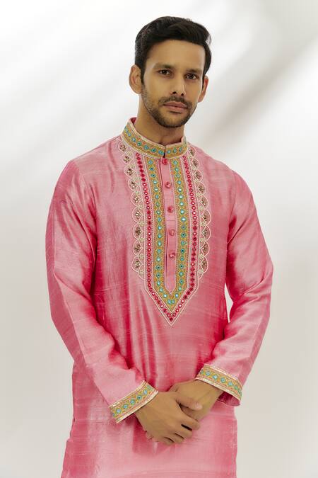 Nadima Saqib_Pink Silk Sequins, Zari Mirror Embroidered Kurta _Online_at_Aza_Fashions