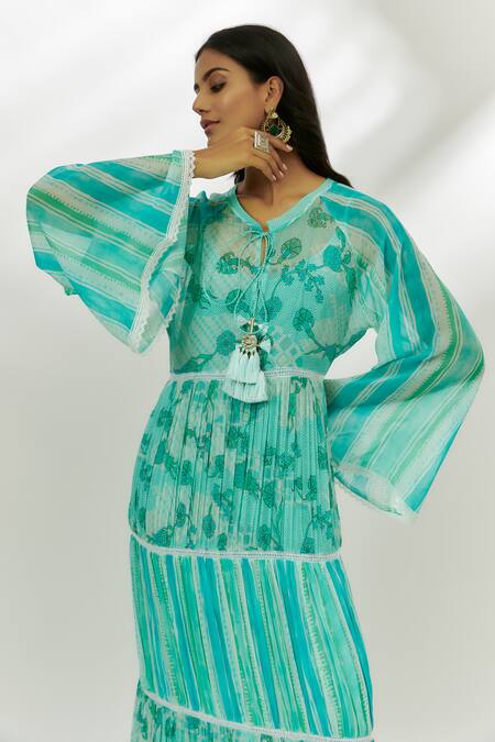 Nadima Saqib Blue Georgette Tassels Round Neck Floral Stripe Print Tiered Dress Online at Aza Fashions Nadima Saqib_Blue Georgette Tassels Round Neck Floral Stripe Print Tiered Dress _Online_at_Aza_Fashions