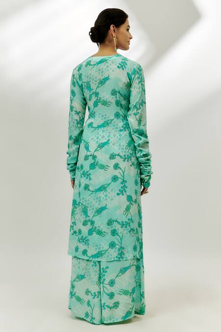 Shop_Nadima Saqib_Blue Crepe, Organza Embroidery, Zari Split V-neck Floral Print Kurta Palazzo Set _at_Aza_Fashions
