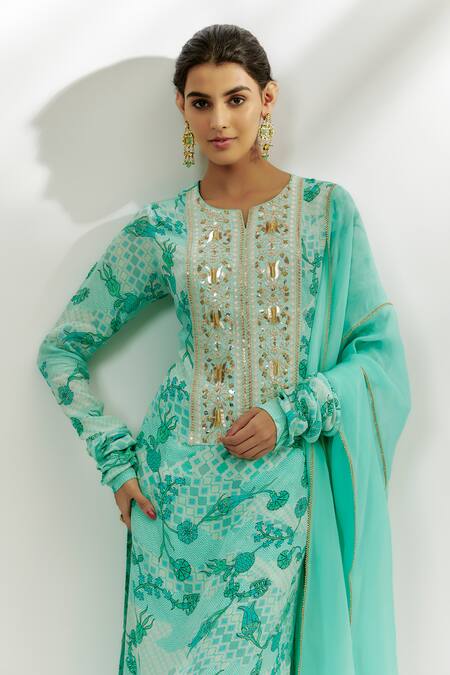 Buy_Nadima Saqib_Blue Crepe, Organza Embroidery, Zari Split V-neck Floral Print Kurta Palazzo Set _Online_at_Aza_Fashions