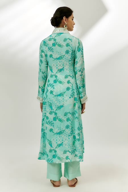 Shop_Nadima Saqib_Blue Crepe, Organza Sequins, Beads V-neck Floral Print Kurta Pant Set _at_Aza_Fashions