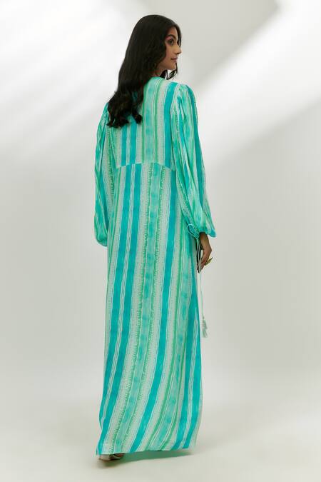 Shop_Nadima Saqib_Blue Crepe Sequins, Beads V-neck Stripe Print Dress _at_Aza_Fashions