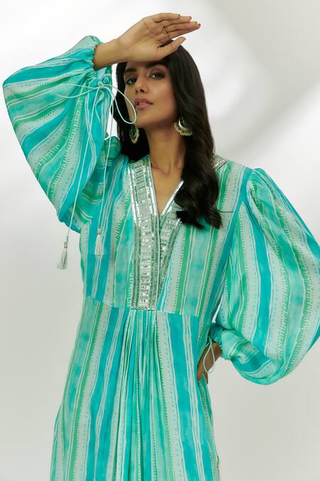 Nadima Saqib_Blue Crepe Sequins, Beads V-neck Stripe Print Dress _Online_at_Aza_Fashions