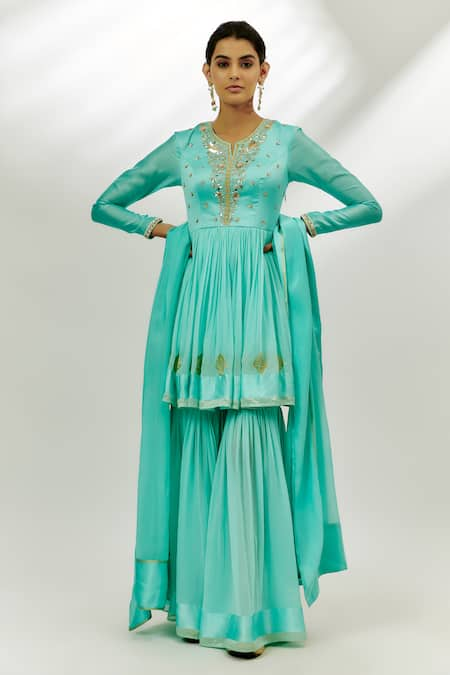 Nadima Saqib Blue Kurta Chanderi Embroidered Zardozi Notched Peplum Gharara Set 