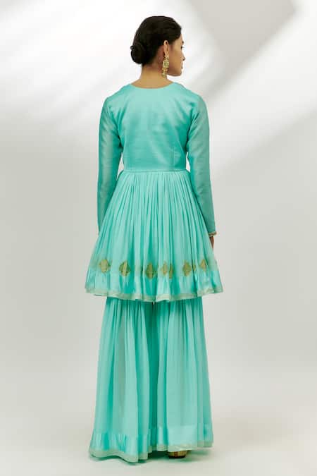 Shop Nadima Saqib Blue Georgette, Chanderi Embroidery Keyhole Zardozi Peplum Kurta Gharara Set at Aza Fashions Shop_Nadima Saqib_Blue Georgette, Chanderi Embroidery Keyhole Zardozi Peplum Kurta Gharara Set _at_Aza_Fashions