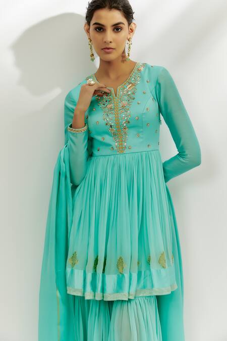 Nadima Saqib Blue Georgette, Chanderi Embroidery Keyhole Zardozi Peplum Kurta Gharara Set Online at Aza Fashions Nadima Saqib_Blue Georgette, Chanderi Embroidery Keyhole Zardozi Peplum Kurta Gharara Set _Online_at_Aza_Fashions