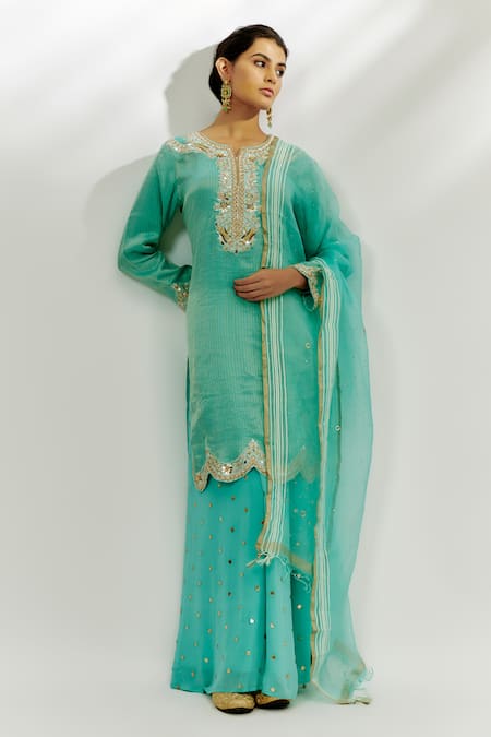 Nadima Saqib Blue Kurta Chanderi Embroidered Zardozi Notched Palazzo Set 