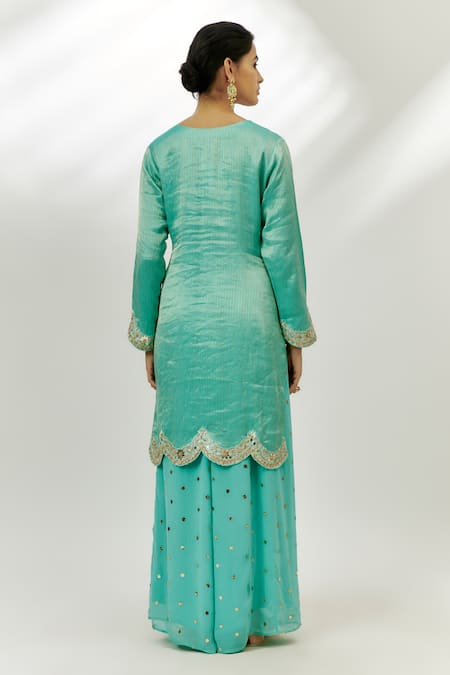 Nadima Saqib Blue Kurta Chanderi Embroidered Zardozi Notched Palazzo Set  2