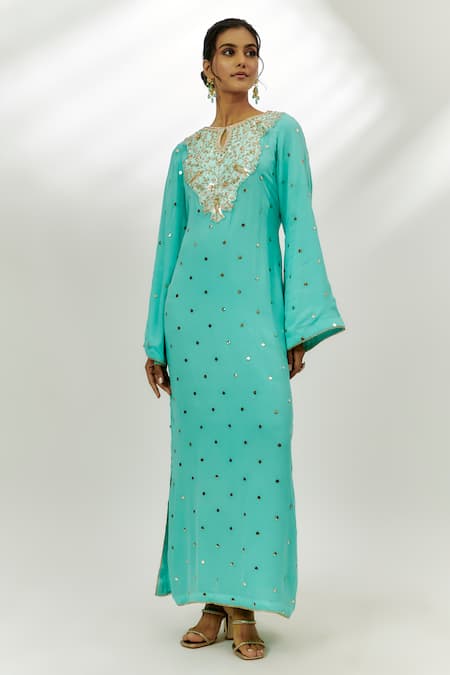 Nadima Saqib Blue Georgette Embroidery Keyhole Neck Floral Zardozi Kaftan Online at Aza Fashions Nadima Saqib_Blue Georgette Embroidery Keyhole Neck Floral Zardozi Kaftan _Online_at_Aza_Fashions