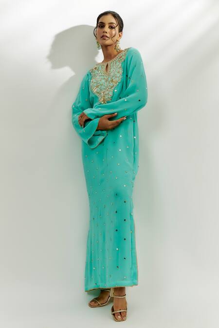 Shop Nadima Saqib Blue Georgette Embroidery Keyhole Neck Floral Zardozi Kaftan Online at Aza Fashions Shop_Nadima Saqib_Blue Georgette Embroidery Keyhole Neck Floral Zardozi Kaftan _Online_at_Aza_Fashions