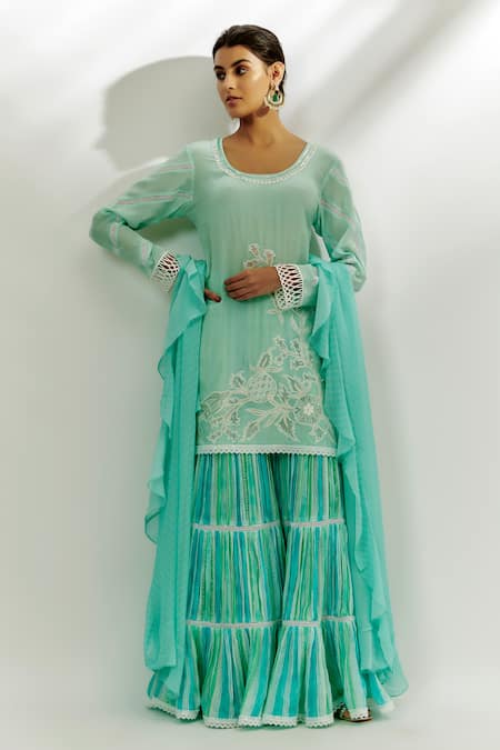 Nadima Saqib Blue Kurta Crepe Embroidered Sequin Round Floral Applique Gharara Set