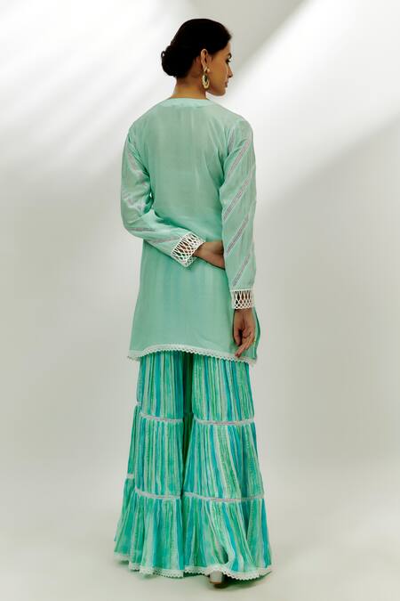 Shop_Nadima Saqib_Blue Crepe, Cotton, Georgette Lace, Sequins, Applique Floral Kurta Gharara Set _at_Aza_Fashions