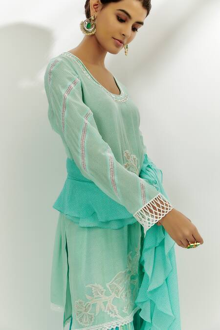 Nadima Saqib_Blue Crepe, Cotton, Georgette Lace, Sequins, Applique Floral Kurta Gharara Set _Online_at_Aza_Fashions