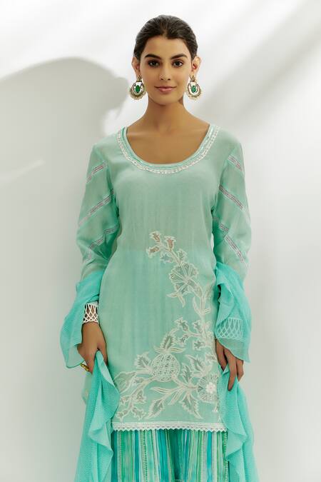 Shop_Nadima Saqib_Blue Crepe, Cotton, Georgette Lace, Sequins, Applique Floral Kurta Gharara Set _Online_at_Aza_Fashions