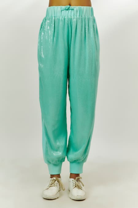 Nadima Saqib Blue Georgette Sequins High Neck Embellished Jacket With Joggers Online at Aza Fashions Nadima Saqib_Blue Georgette Sequins High Neck Embellished Jacket With Joggers _Online_at_Aza_Fashions