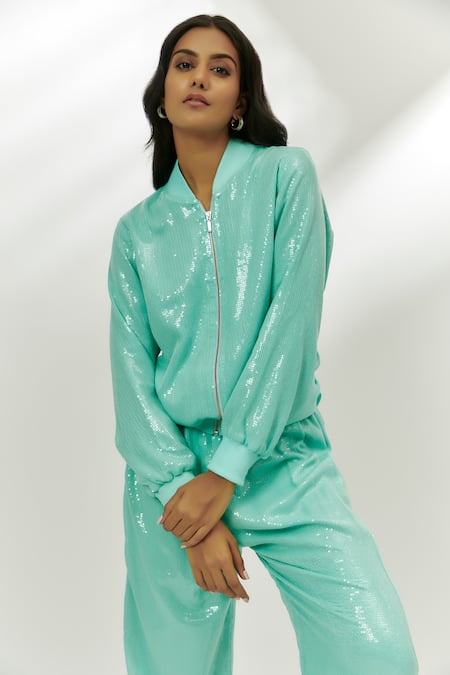 Buy Nadima Saqib Blue Georgette Sequins High Neck Embellished Jacket With Joggers Online at Aza Fashions Buy_Nadima Saqib_Blue Georgette Sequins High Neck Embellished Jacket With Joggers _Online_at_Aza_Fashions