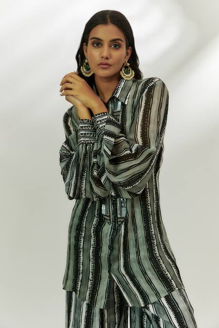Buy Nadima Saqib Black Cotton, Denim Sequins Collared Stripe Print Shirt Tunic With Pant Online at Aza Fashions Buy_Nadima Saqib_Black Cotton, Denim Sequins Collared Stripe Print Shirt Tunic With Pant _Online_at_Aza_Fashions