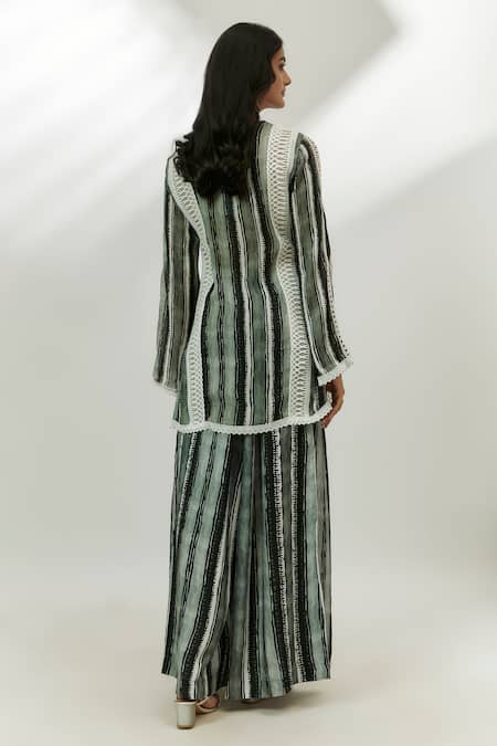 Shop Nadima Saqib Black Crepe, Denim Lace, Sequins V-neck Stripe Print Kurta With Palazzo at Aza Fashions Shop_Nadima Saqib_Black Crepe, Denim Lace, Sequins V-neck Stripe Print Kurta With Palazzo _at_Aza_Fashions