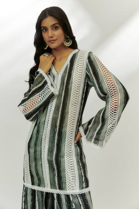 Nadima Saqib Black Crepe, Denim Lace, Sequins V-neck Stripe Print Kurta With Palazzo Online at Aza Fashions Nadima Saqib_Black Crepe, Denim Lace, Sequins V-neck Stripe Print Kurta With Palazzo _Online_at_Aza_Fashions