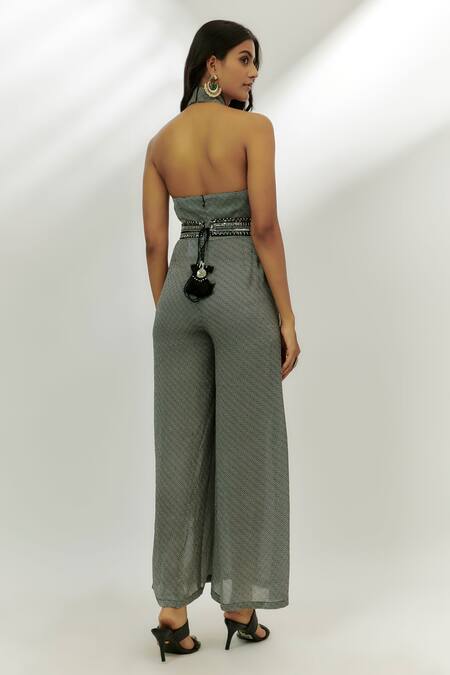 Shop Nadima Saqib Black Cotton, Silk Sequins Halter Neck Geometric Print Jumpsuit at Aza Fashions Shop_Nadima Saqib_Black Cotton, Silk Sequins Halter Neck Geometric Print Jumpsuit _at_Aza_Fashions
