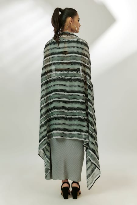 Shop Nadima Saqib Black Crepe Sequins Asymmetric Stripe Print Cape Draped Skirt Set at Aza Fashions Shop_Nadima Saqib_Black Crepe Sequins Asymmetric Stripe Print Cape Draped Skirt Set _at_Aza_Fashions