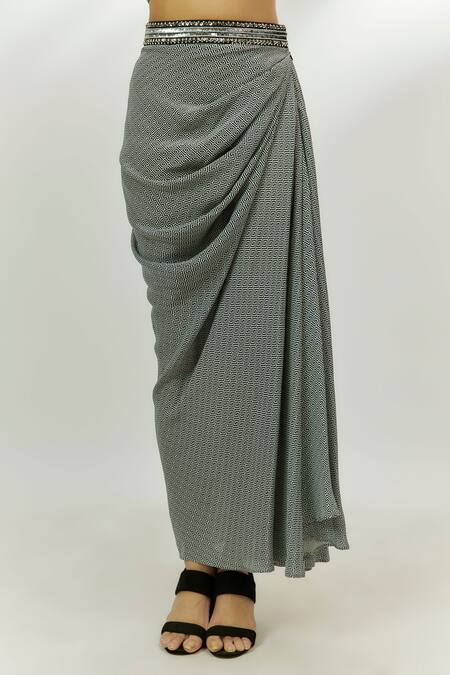 Nadima Saqib Black Crepe Sequins Asymmetric Stripe Print Cape Draped Skirt Set Online at Aza Fashions Nadima Saqib_Black Crepe Sequins Asymmetric Stripe Print Cape Draped Skirt Set _Online_at_Aza_Fashions