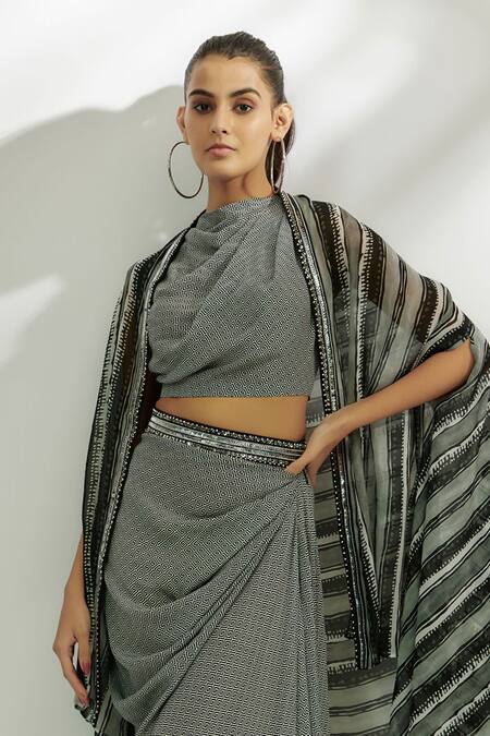 Buy Nadima Saqib Black Crepe Sequins Asymmetric Stripe Print Cape Draped Skirt Set Online at Aza Fashions Buy_Nadima Saqib_Black Crepe Sequins Asymmetric Stripe Print Cape Draped Skirt Set _Online_at_Aza_Fashions