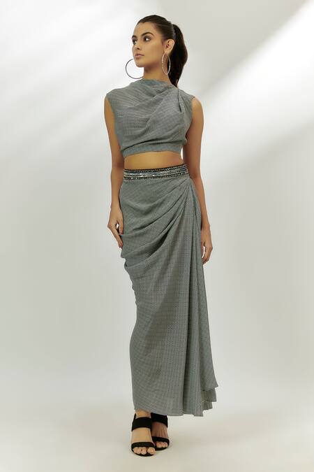 Shop Nadima Saqib Black Crepe Sequins Asymmetric Stripe Print Cape Draped Skirt Set Online at Aza Fashions Shop_Nadima Saqib_Black Crepe Sequins Asymmetric Stripe Print Cape Draped Skirt Set _Online_at_Aza_Fashions