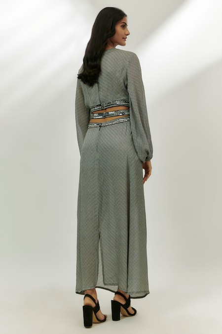 Shop_Nadima Saqib_Black Cotton Sequins V-neck Geometric Print Cut-out Dress _at_Aza_Fashions