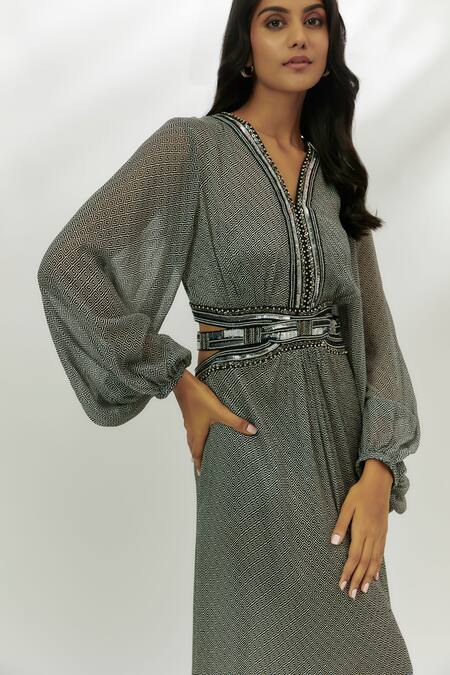 Nadima Saqib_Black Cotton Sequins V-neck Geometric Print Cut-out Dress _Online_at_Aza_Fashions