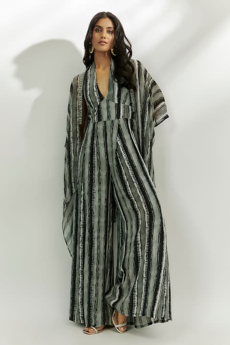 Nadima Saqib Stripe Print Jumpsuit With Cape 