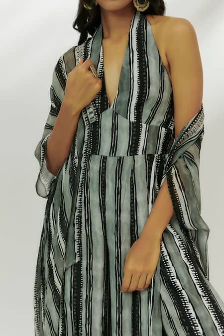 Nadima Saqib Black Crepe Sequins Halter Neck Stripe Print Jumpsuit With Cape Online at Aza Fashions Nadima Saqib_Black Crepe Sequins Halter Neck Stripe Print Jumpsuit With Cape _Online_at_Aza_Fashions