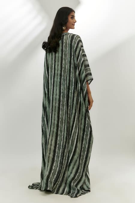 Shop_Nadima Saqib_Black Cotton Sequins V-neck Stripe Print Kaftan _at_Aza_Fashions