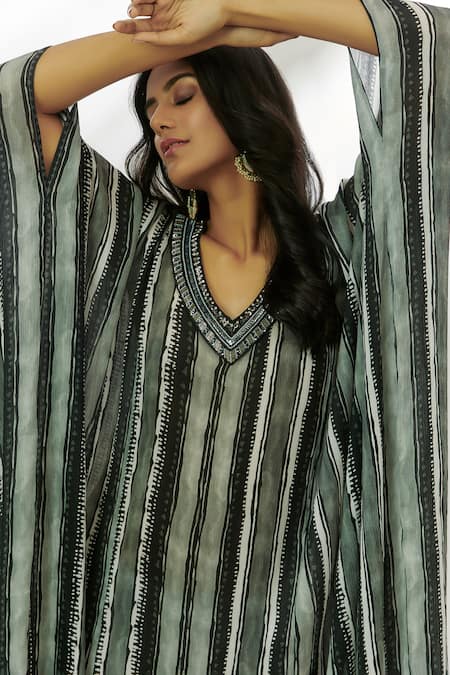 Nadima Saqib_Black Cotton Sequins V-neck Stripe Print Kaftan _Online_at_Aza_Fashions
