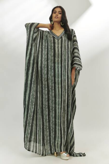 Buy_Nadima Saqib_Black Cotton Sequins V-neck Stripe Print Kaftan _Online_at_Aza_Fashions