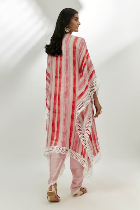 Shop Nadima Saqib Pink Cotton Lace, Sequins V-neck Printed Kaftan And Dhoti Pant Set at Aza Fashions Shop_Nadima Saqib_Pink Cotton Lace, Sequins V-neck Printed Kaftan And Dhoti Pant Set _at_Aza_Fashions