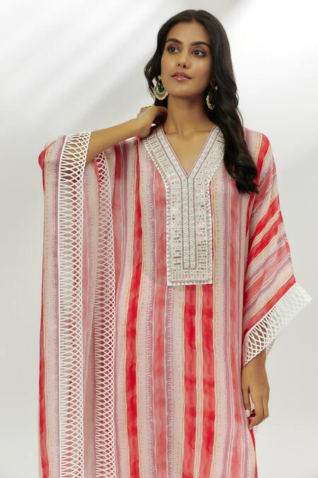 Nadima Saqib Pink Cotton Lace, Sequins V-neck Printed Kaftan And Dhoti Pant Set Online at Aza Fashions Nadima Saqib_Pink Cotton Lace, Sequins V-neck Printed Kaftan And Dhoti Pant Set _Online_at_Aza_Fashions