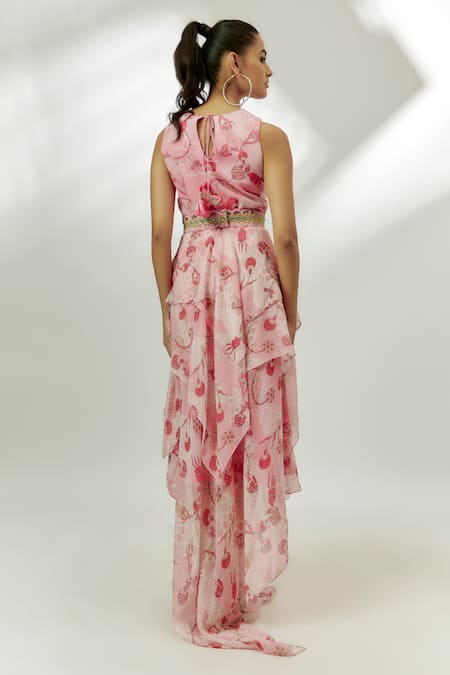 Shop Nadima Saqib Pink Georgette, Silk Sequins, Mirrors Round Neck Printed Handkerchief Dress at Aza Fashions Shop_Nadima Saqib_Pink Georgette, Silk Sequins, Mirrors Round Neck Printed Handkerchief Dress _at_Aza_Fashions