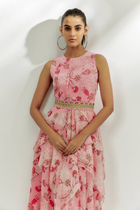 Nadima Saqib Pink Georgette, Silk Sequins, Mirrors Round Neck Printed Handkerchief Dress Online at Aza Fashions Nadima Saqib_Pink Georgette, Silk Sequins, Mirrors Round Neck Printed Handkerchief Dress _Online_at_Aza_Fashions