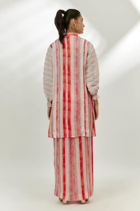 Shop Nadima Saqib Pink Crepe, Organza Lace, Sequins Bandeau Neck Stripe Print Kurta And Pant Set at Aza Fashions Shop_Nadima Saqib_Pink Crepe, Organza Lace, Sequins Bandeau Neck Stripe Print Kurta And Pant Set _at_Aza_Fashions