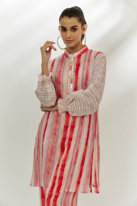 Nadima Saqib Pink Crepe, Organza Lace, Sequins Bandeau Neck Stripe Print Kurta And Pant Set Online at Aza Fashions Nadima Saqib_Pink Crepe, Organza Lace, Sequins Bandeau Neck Stripe Print Kurta And Pant Set _Online_at_Aza_Fashions